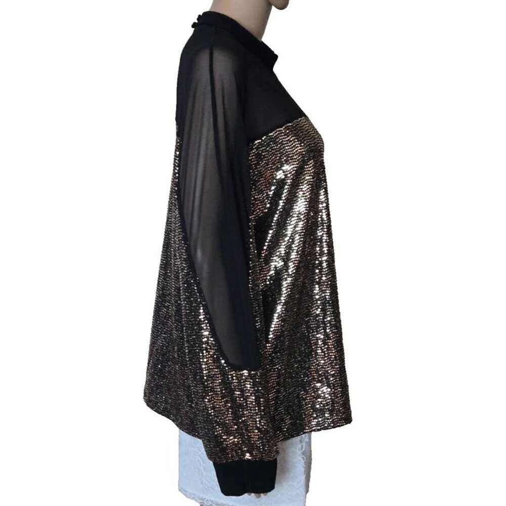 Nine West Women's Black Gold Sequins Knit Sheer Mesh Long Sleeve Top Size L - Picture 4 of 10